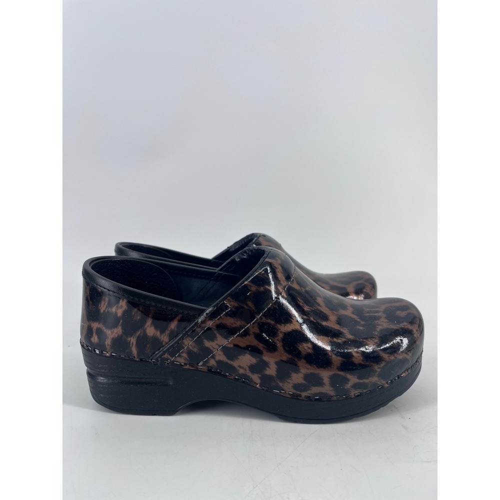 Dansko Professional Brown Leopard Patent Leather Clogs Size 36 Business Chic